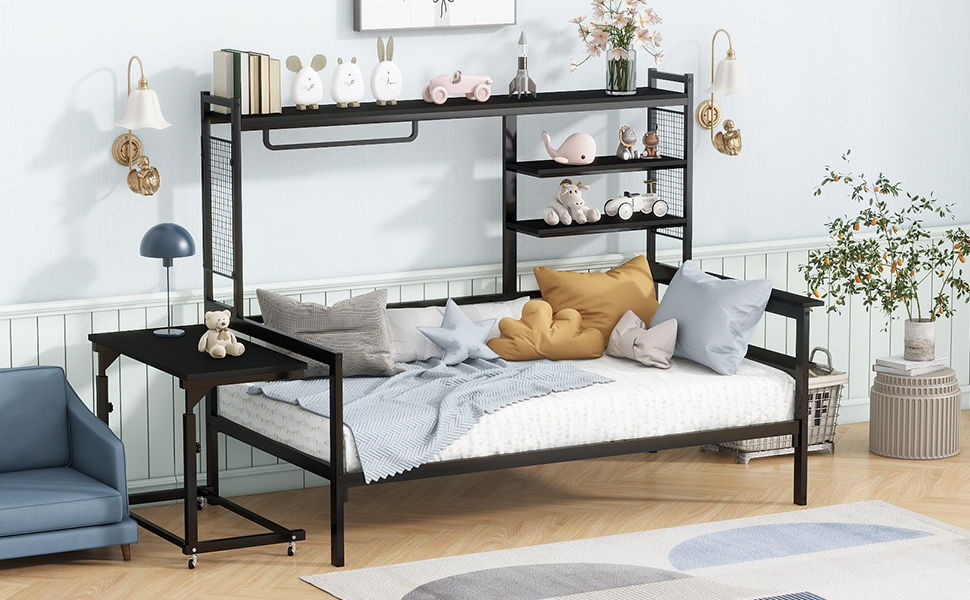 Daybed With Movable Desk, Grid, Shelves And Clothes Hanger