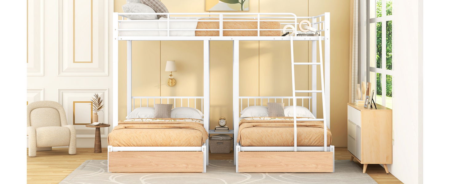Triple Bunk Bed With Drawers And Guardrails