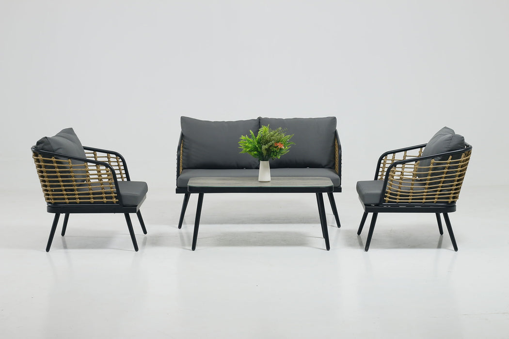 4 Pieces Patio Furniture Set, PE Rattan Wicker With Washable Cushion And Tempered Glass Tabletop, Conversation Furniture For Garden Poolside Balcony