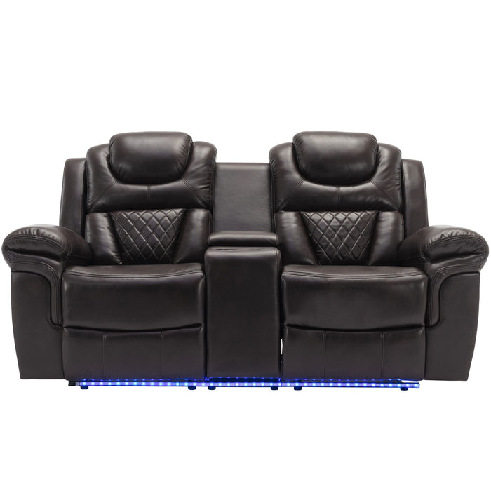 3 Pieces Recliner Sofa Sets Home Theater Seating Manual Recliner Chair & Center Console And LED Light Strip For Living Room - Brown