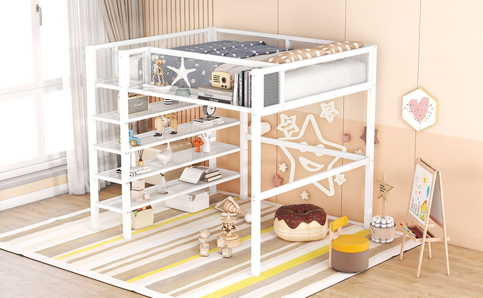 Loft Bed With 4 Tier Shelves And Storage