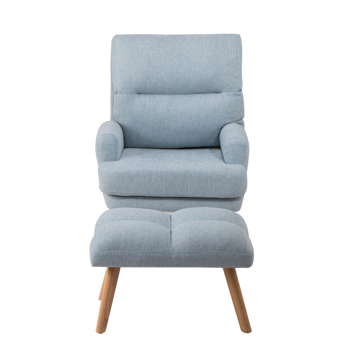 Accent Chair With Ottoman Set, Fabric Armchair With Wood Legs And Adjustable Backrest, Mid Century Modern Comfy Lounge Chair For Living Room, Bedroom, Reading Room And Study - Blue