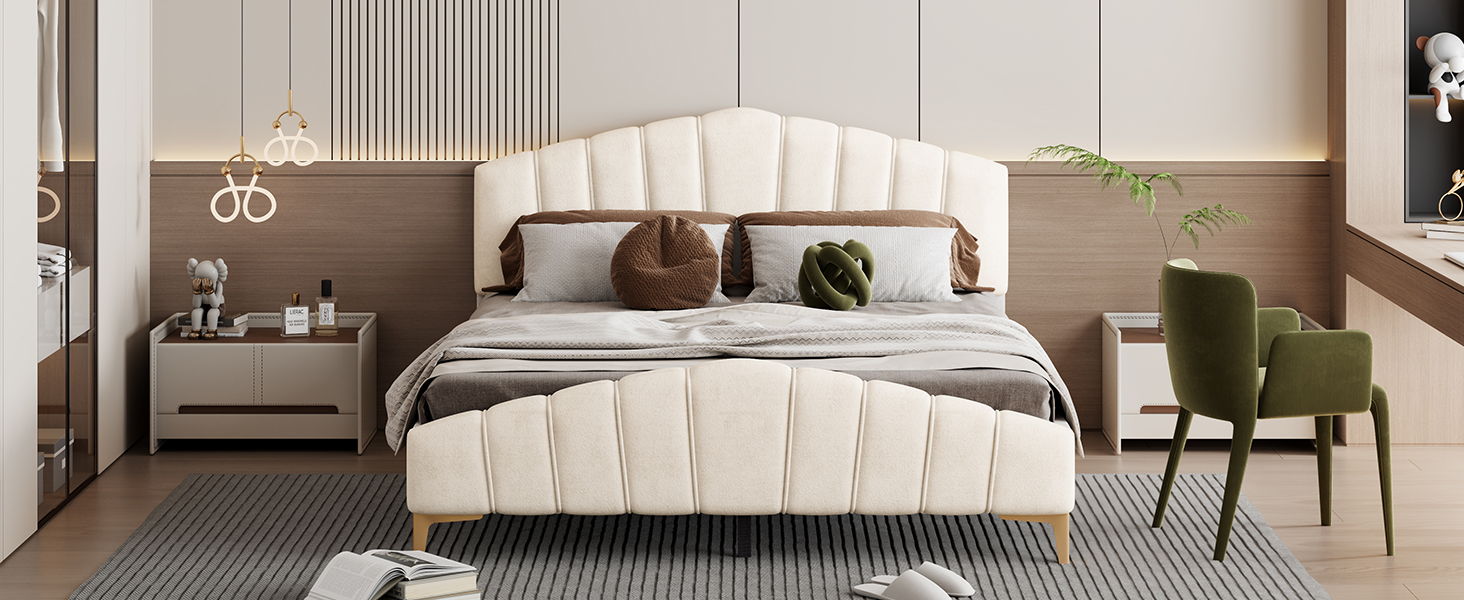 Platform Bed With Thick, Stylish Stripe Decorated Bedboard And Elegant Leg