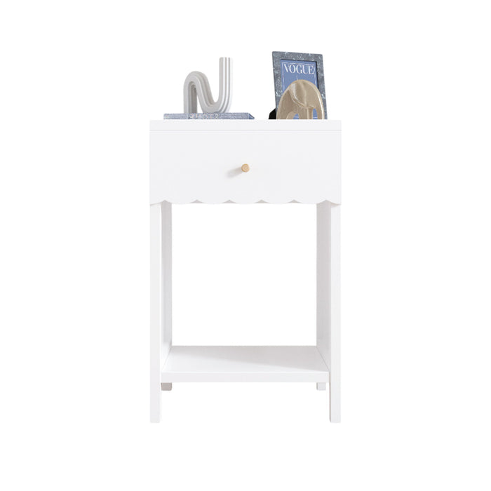 Nightstand With Drawer And Open Shelf, Scalloped Edge Bedside Table For Bedroom - White
