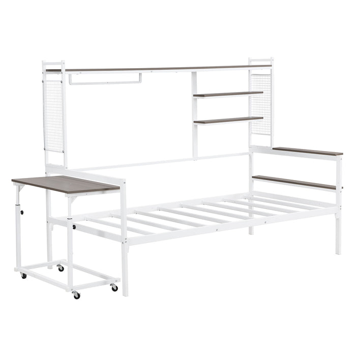 Daybed With Movable Desk, Grid, Shelves And Clothes Hanger