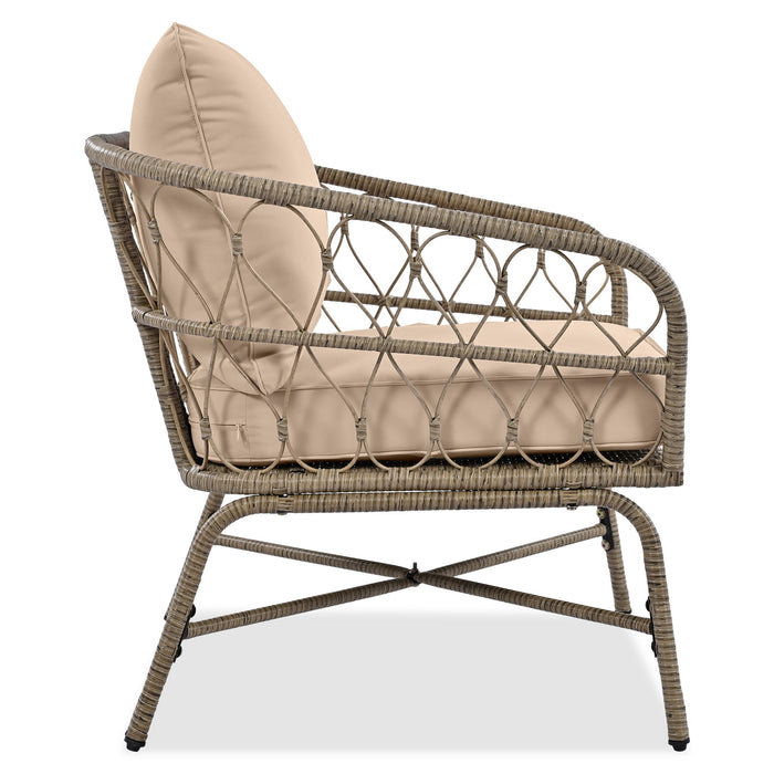 Bohemia-Inspired 4 Person Outdoor Seating Group With Removable Cushions, Conversation Patio Set With Wood Tabletop - Beige