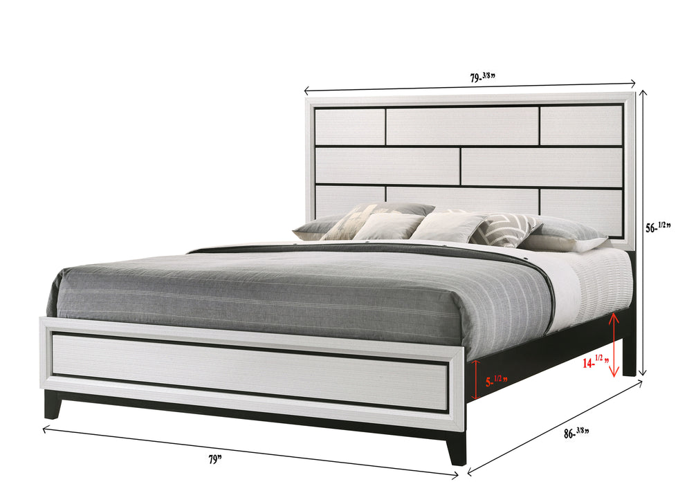 Cotemporary White Finish King Size Panel Low - Profile Bed Geometric Design Wooden Bedroom Furniture