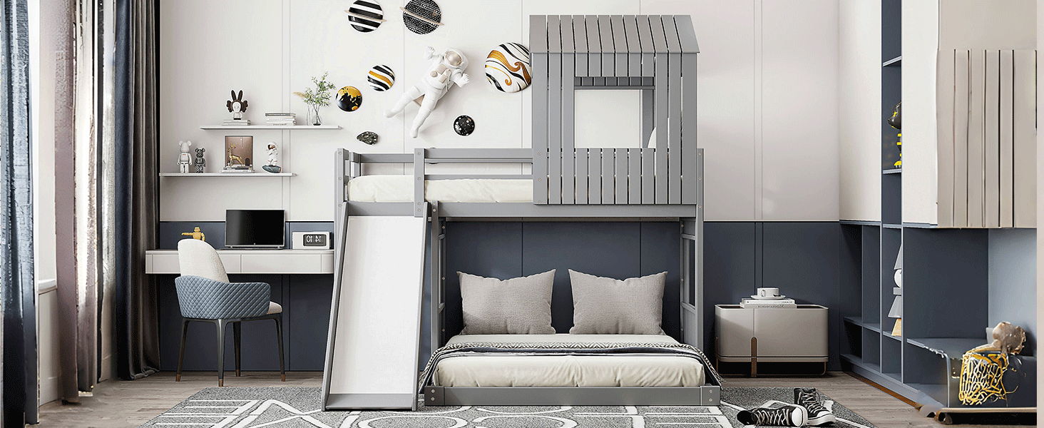 Loft Bunk Bed With Playhouse, Farmhouse, Ladder, Slide And Guardrails