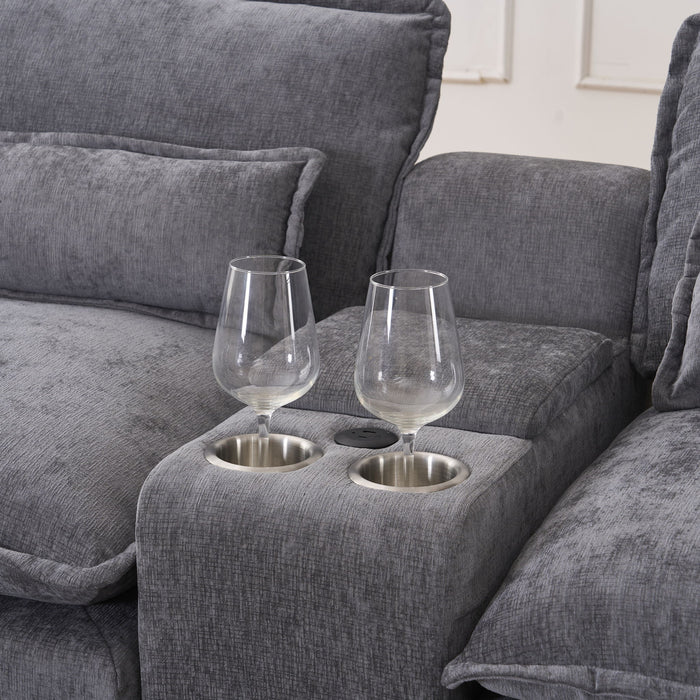 U Shaped Sofa With Console, Cupholders, USB Ports, 6 Seat, Bronzing Suede & Chenille