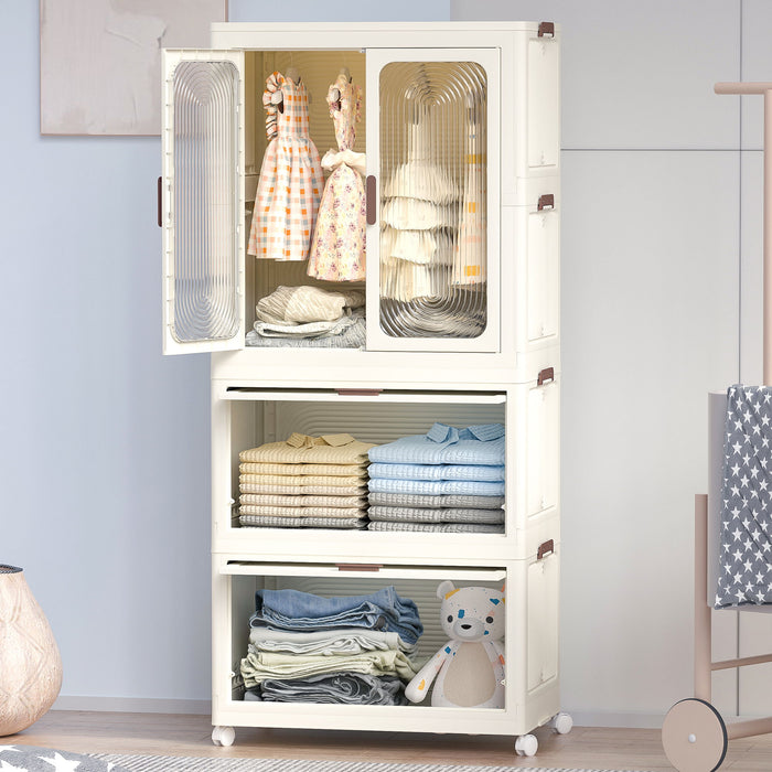 Portable Wardrobe Closet Storage Organizer With Magnetic Doors And Hanging Rod - Cream White