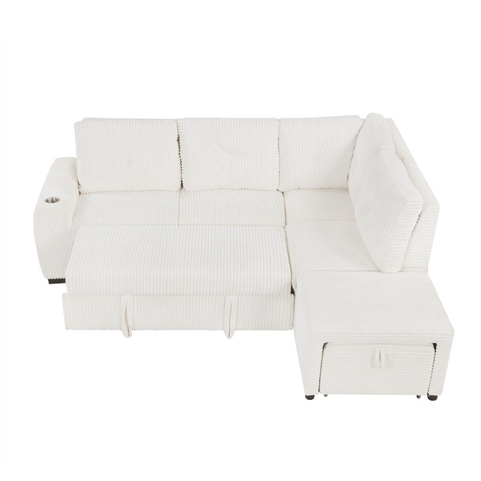 Pull-Out L-Shaped Sectional Sofa With Movable Ottoman And Stool, Large Storage Space, A Cup Holder, And 2 USB Ports For Living Room