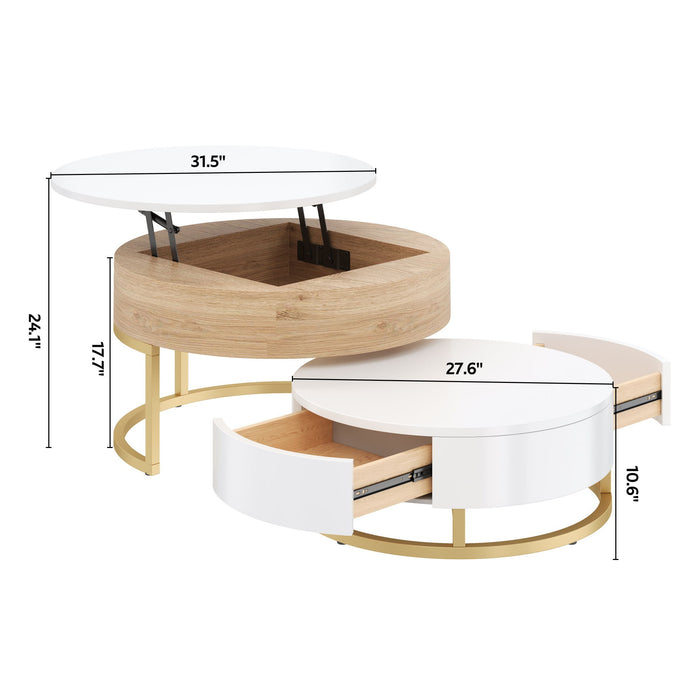 Modern Round Lift-Top Nesting Coffee Tables With 2 Drawers