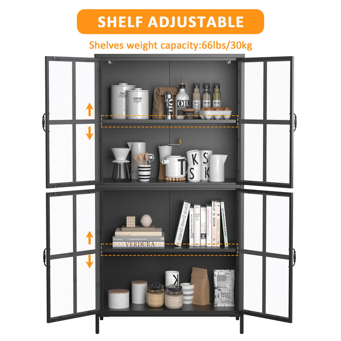 Premium Metal Storage Cabinet With Tempered Glass Doors, Adjustable Shelves, And Anti Tipping Device - Black