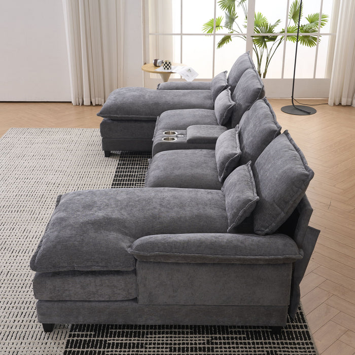 U Shaped Sofa With Console, Cupholders, USB Ports, 6 Seat, Bronzing Suede & Chenille