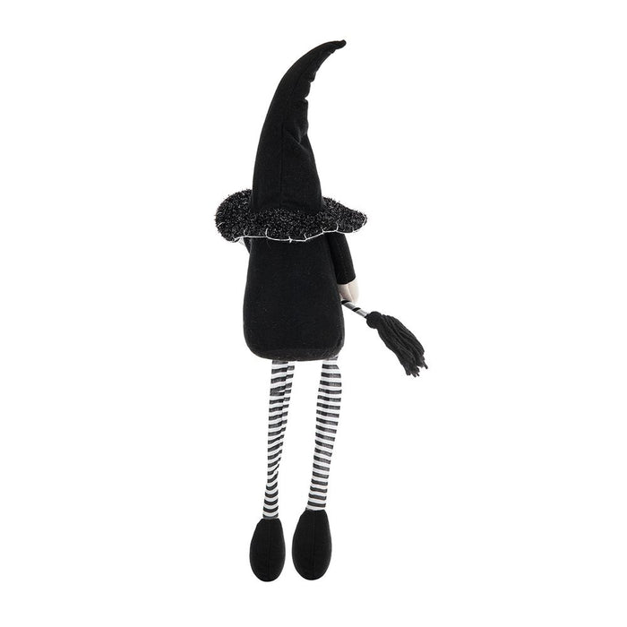 Sitting Gnome With Broomstick & Long Legs, For Halloween Decor - Black White