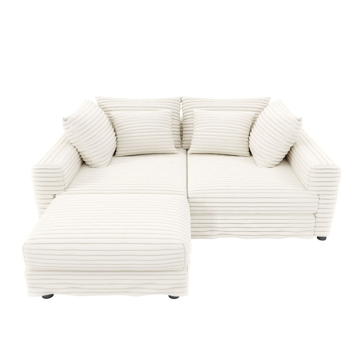 Plush Corduroy 4 Seat Sofa With Soft Pillows And Movable Ottoman