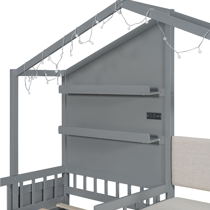 House Bed With Upholstered Sofa, Wireless Charging Station, Shelves And 2 Drawers