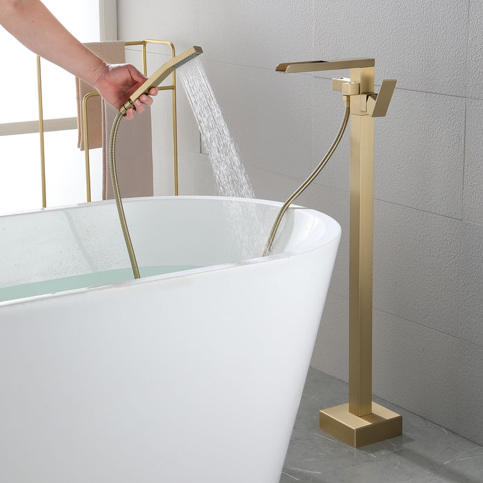Waterfall Freestanding Single Handle Floor Mounted Clawfoot Tub Faucet With Handshower - Gold