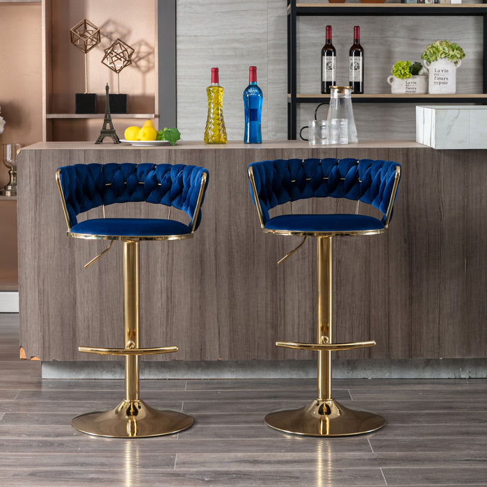(Set of 2) Bar Stools, With Chrome Footrest And Base Swivel Height Adjustable Mechanical Lifting Velvet And Golden Leg Simple Bar Stool - Blue