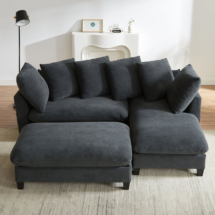 Upholstered L Shaped Sectional Sofa With Storage, Movable Ottoman, And 6 Throw Pillows