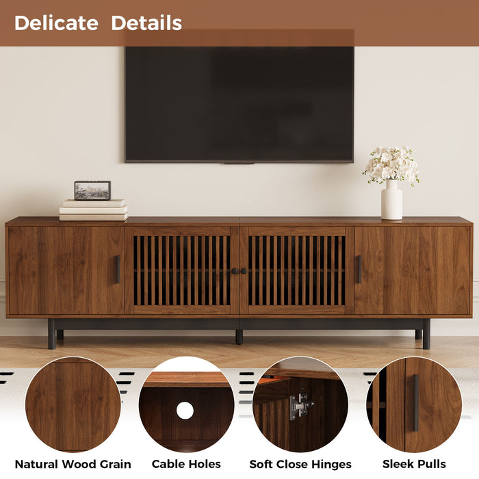 TV Stand, Media Console With Soft Closing Hinges, Adjustable Shelves, Slatted Doors - Walnut