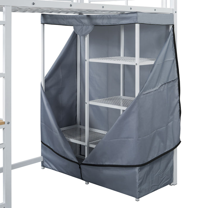 Loft Bed With Desk, Shelves, Power Outlet, LED Light And Wardrobe