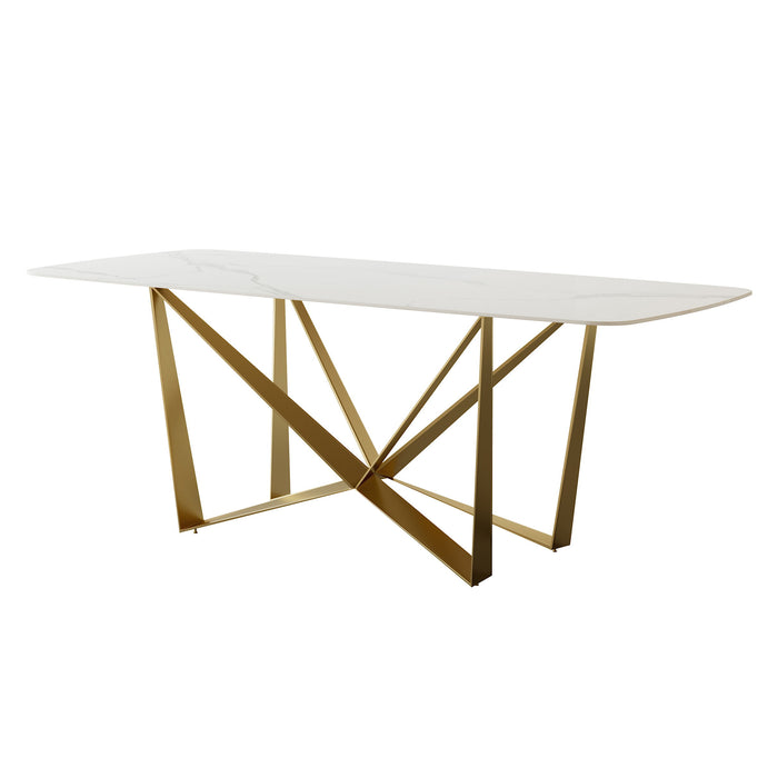 Titanium Gold Stainless Steel Dining Table With Polished Snow Mountain Stone Surface (Excluding Chairs)