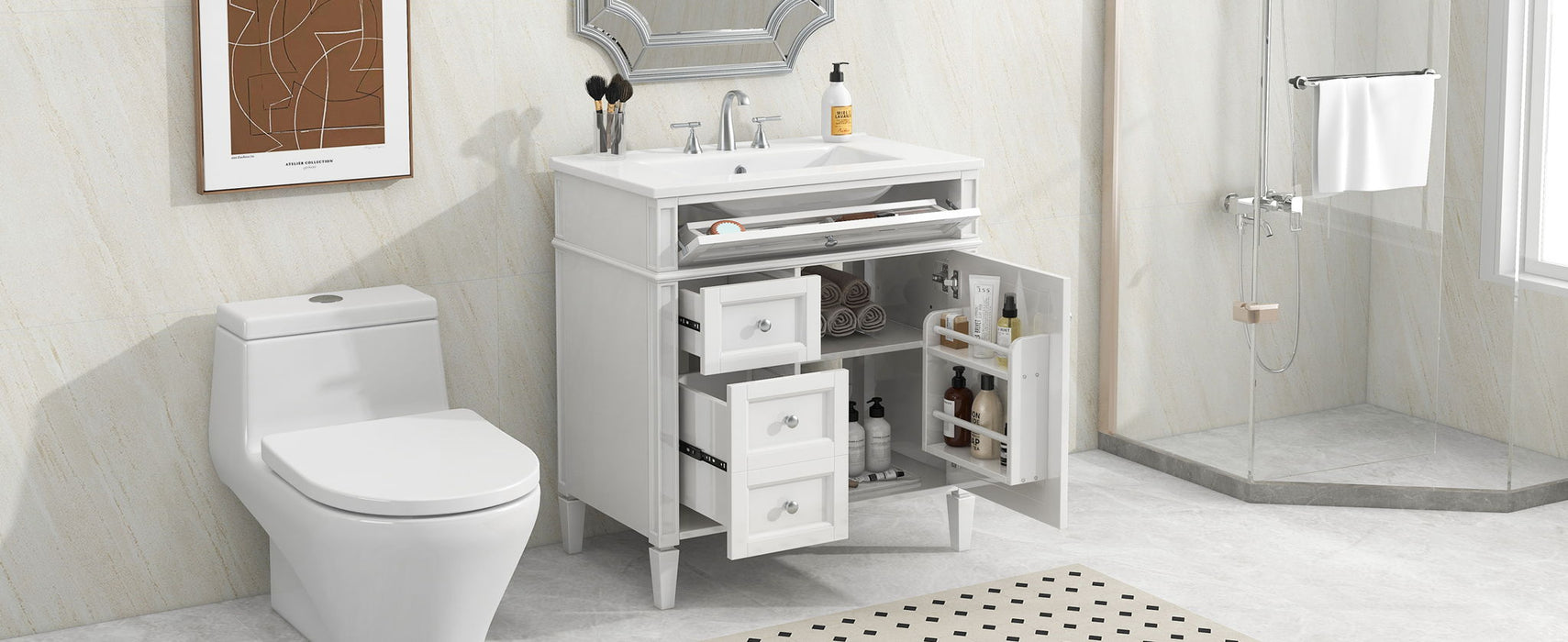 Bathroom Vanity With Top Sink, Modern Bathroom Storage Cabinet With 2 Drawers And A Tip-Out Drawer