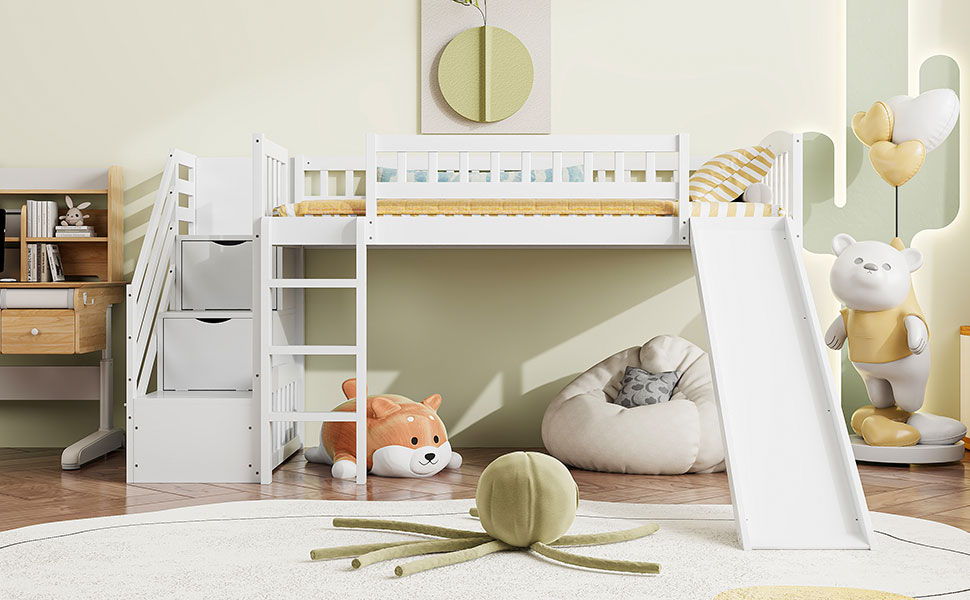 Loft Stairway Bed With 2 Drawers, Convertible Ladder And Slide