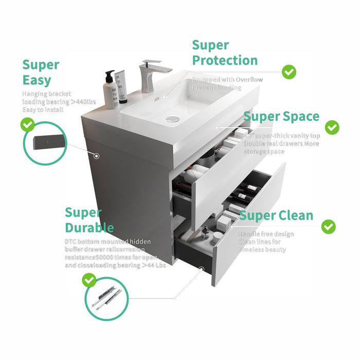 Alice - Bathroom Vanity With Large Storage, Sink Wall Mounted Floating Bathroom Vanity For Modern Bathroom, One-Piece Sink Basin Without Drain And Faucet