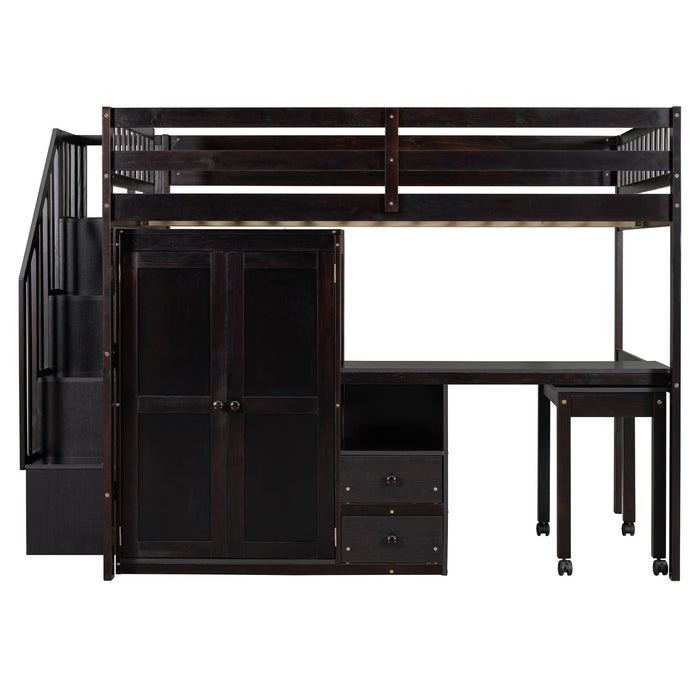 Loft Bed With Stairs, Bookshelf, Drawers, Desk & Wardrobe, Space Saving Multifunctional Furniture