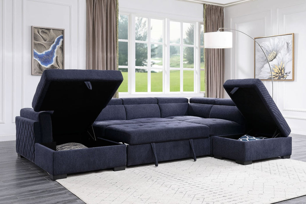 Nekoda - Sectional Sofa With Storage & Ottoman - Navy Blue Fabric