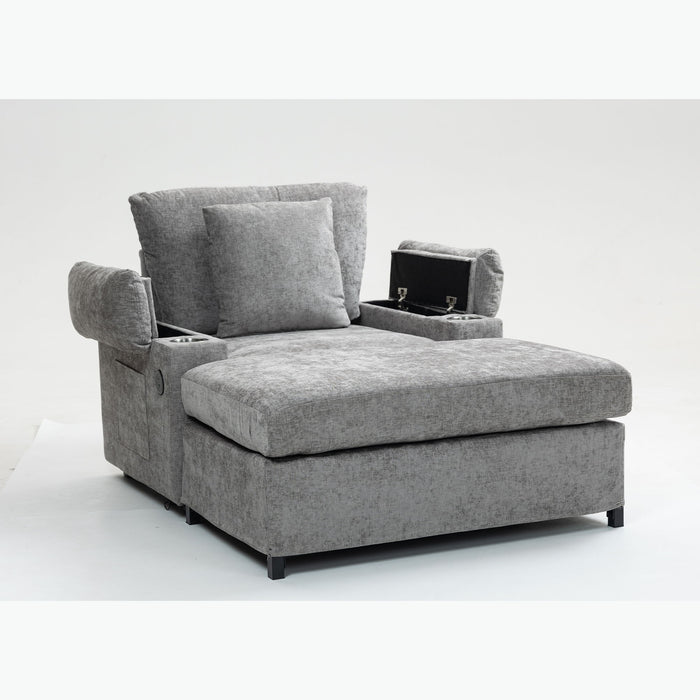 Chenille Fabric Sofa Bed With Cupholders And USB Charging Ports Chair For Living Room