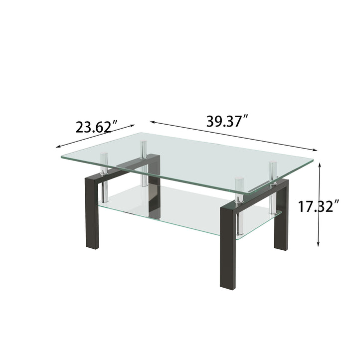 Tempered Clear Glass Coffee Table, 2-Layers Coffee Table Living Room Center Table - Black