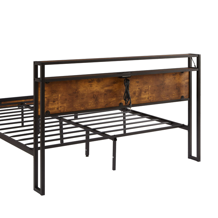 Modern Metal Platform Bed Frame With Wooden Headboard, USB Charging, LED Lights, And Storage