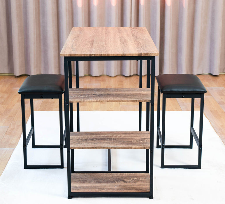Modern 3 Piece Bar Tabies And Chairs Set With 2 Chairs For Dining Room, Black Frame & Brown Oak Board Surface & Black Cushion