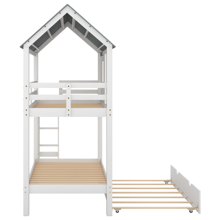 Twin Size House Bunk Bed With Trundle, Roof And Windows - White / Gray