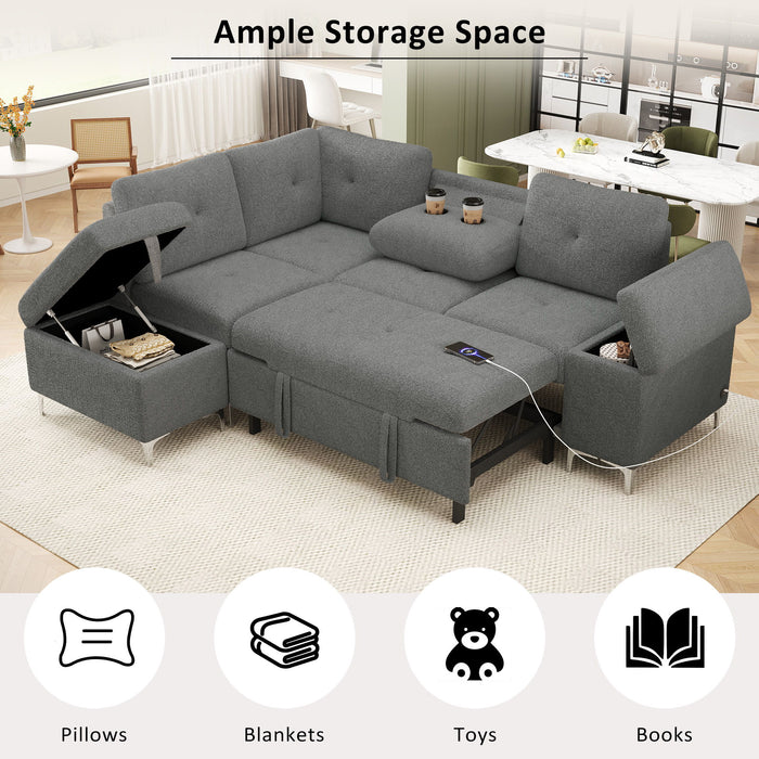 Versatile L Shaped Sofa Bed With Storage, Cup Holders, USB Ports Chenille