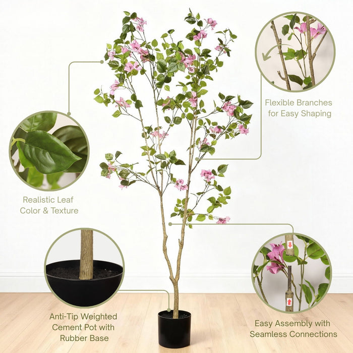 Artificial Bougainvillea Tree With Pot, Realistic Faux Flowering Plant Leaves And Blooms, Decor For Home Office - Green Leaves / Pink