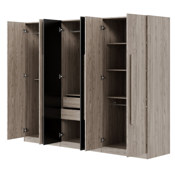 6 Doors Wardrobe Storage For Bedroom, With 2 Drawers Inside - Black / Nature