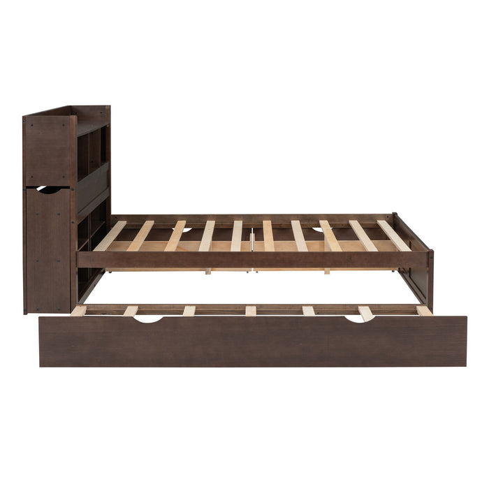 Storage Platform Bed With Pull Out Shelves, Trundle, And 2 Drawers