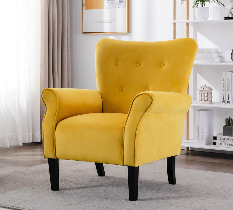 Stylish Living Room Furniture 1 Piece Accent Chair Yellow Fabric Button - Tufted Back Rolled - Arms Black Legs Modern Design Furniture