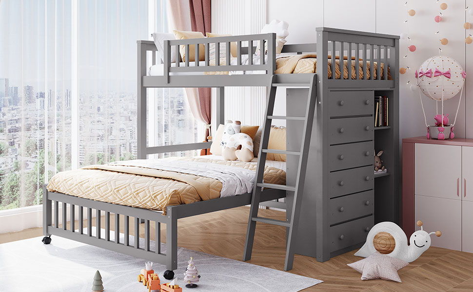 Bunk Bed With 6 Drawers And Flexible Shelves, Bottom Bed With Wheels