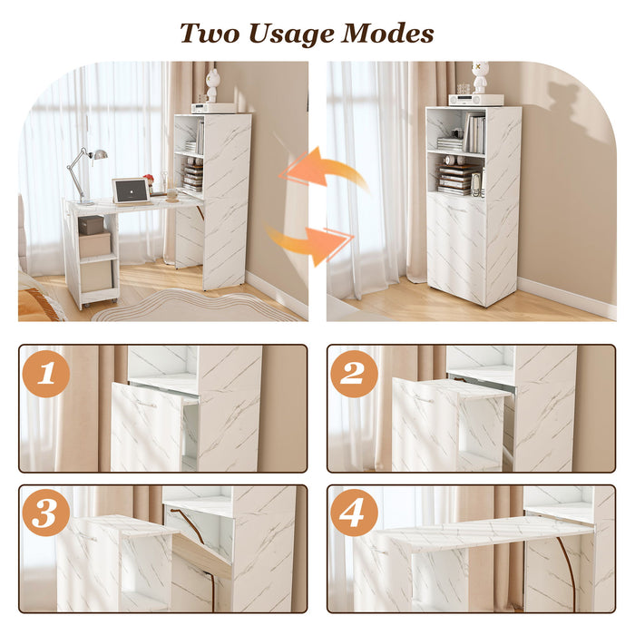 Stretchable Office Desk With Storage Shelves And Mobile Wheels, Foldable Design For Small Apartments - White Marble