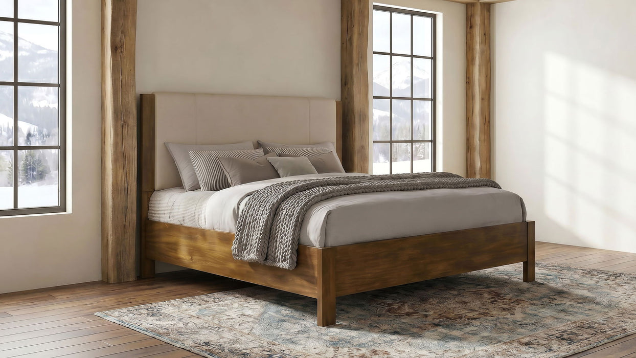 Adderley Eastern King Wood Panel Bed Cream and Warm Brown