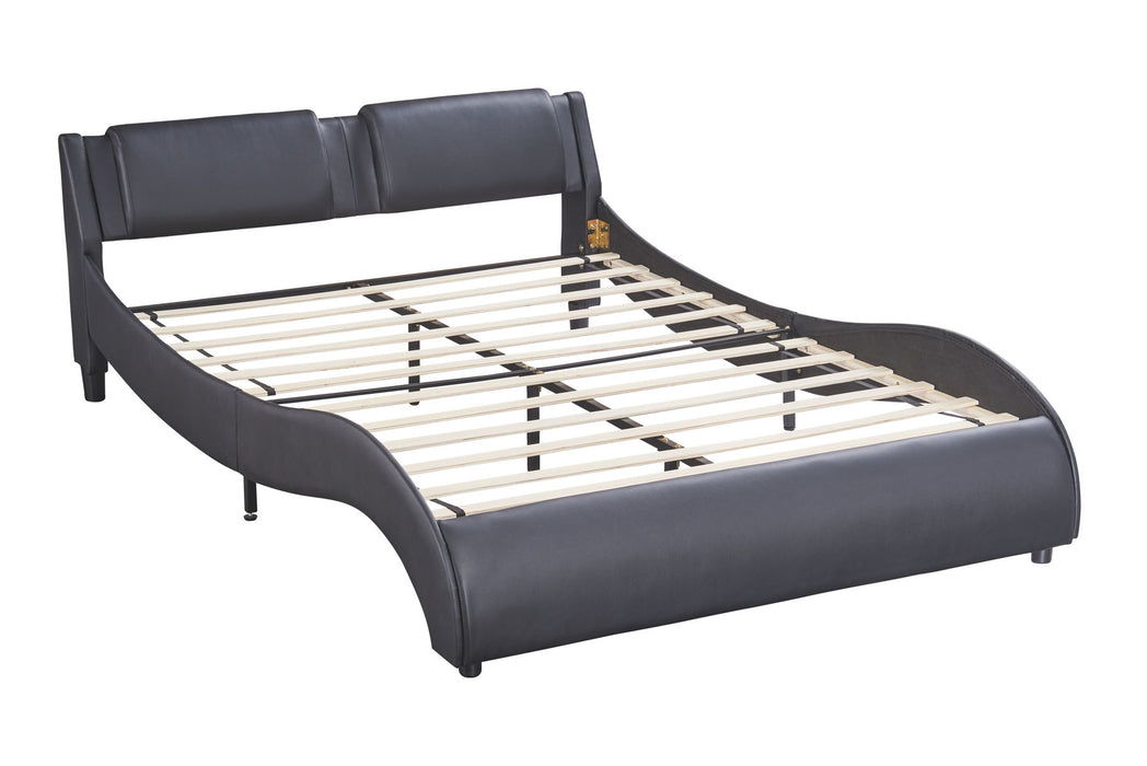 Full Size Upholstered Faux Leather Platform Bed With LED Light Bed Frame With Slatted - Black