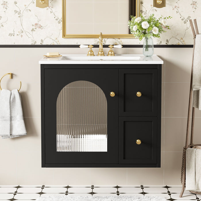 Wall-Mounted Bathroom Vanity Set With Sink, 2 Drawers And Soft-Close Door