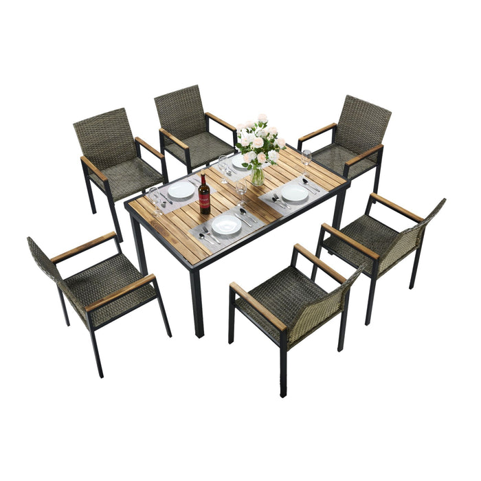 All Weather 7 Piece Patio Dining Table Set With Umbrella Hole - Brown / Gray