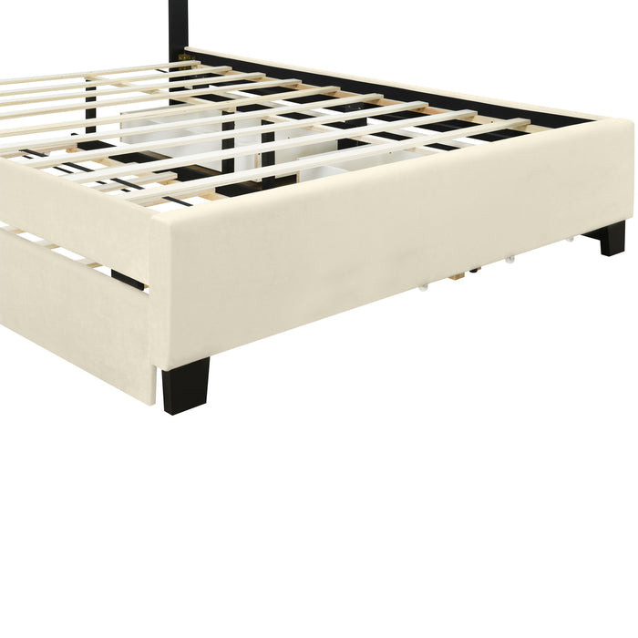 Upholstered Platform Bed With 2 Drawers And 1 Trundle, Classic Strip Headboard Design