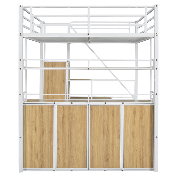 Full Size Loft Bed With Storage Staircase, Wardrobe, Shelves, And Lockers Natural Mdf Details - White / Natural